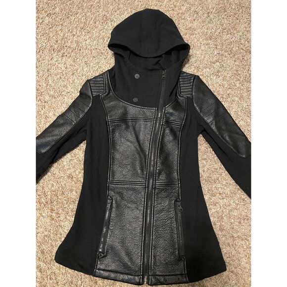 Blanc Noir Women's Asymetric Hooded Moto Jacket Faux Leather Black Size S - Picture 1 of 14
